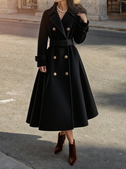 Wool Trench Coat, Long Sleeves, Lapel Collar, Plain, Button Design, Vintage, Black - Black