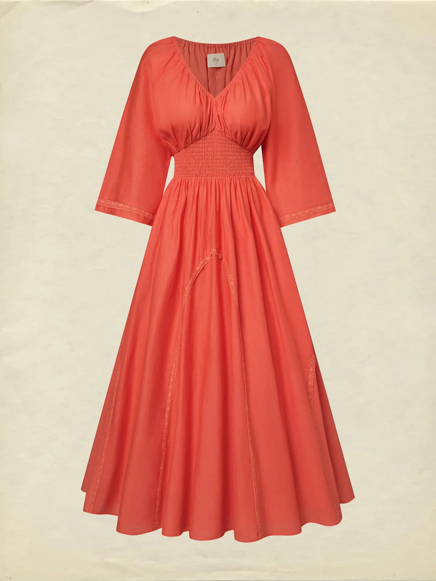Maxi Cotton Dress, Half Sleeve, V Neck, Plain, Lace, Vacation, Vintage, Light Orange - Light Orange