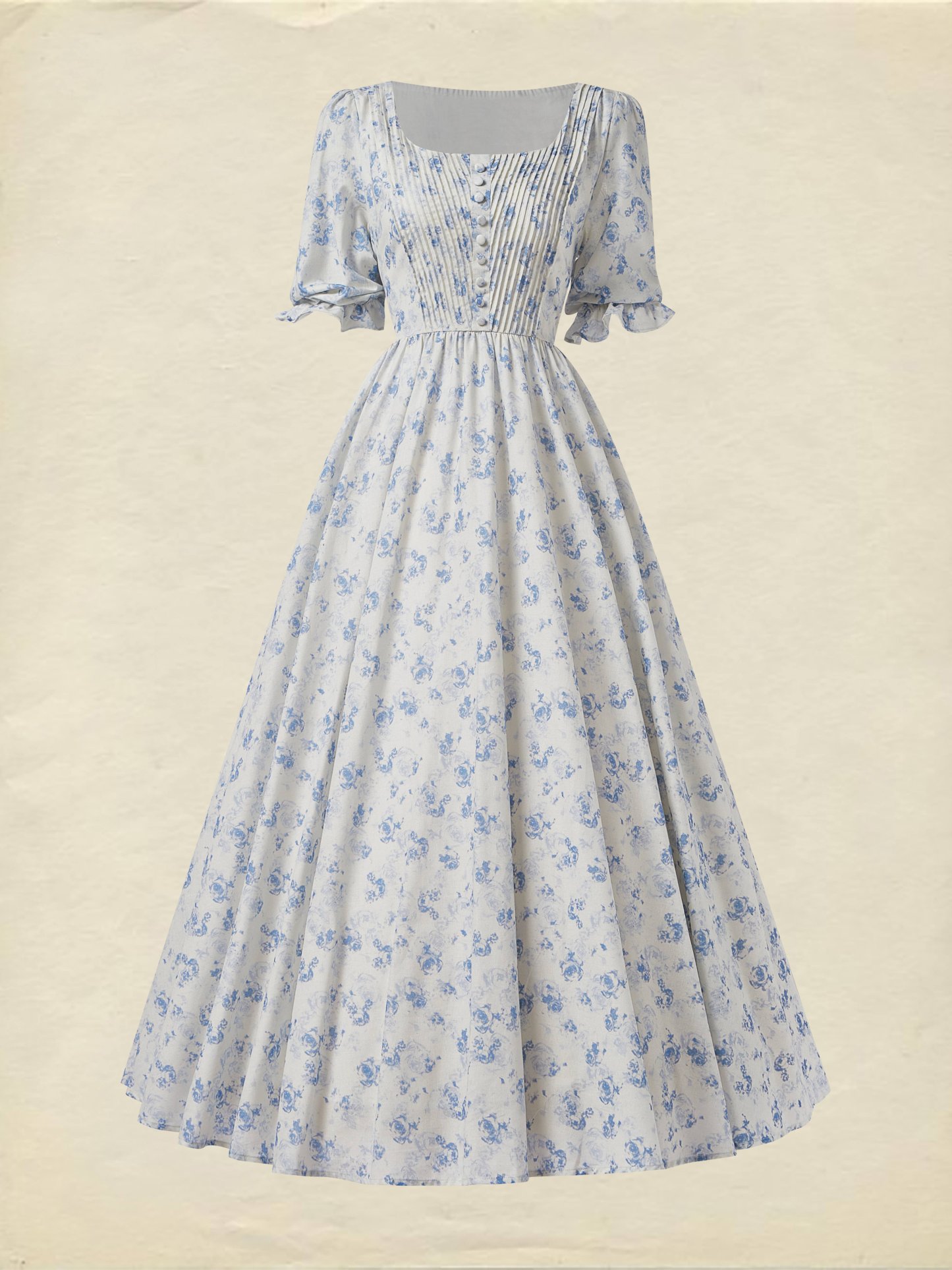 Maxi Linen Dress, Half Sleeve, Square Neck, Cottagecore Dress, Linen Blend, Blue - Blue
