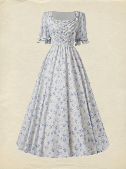 Maxi Linen Dress, Half Sleeve, Square Neck, Cottagecore Dress, Linen Blend, Blue - Blue