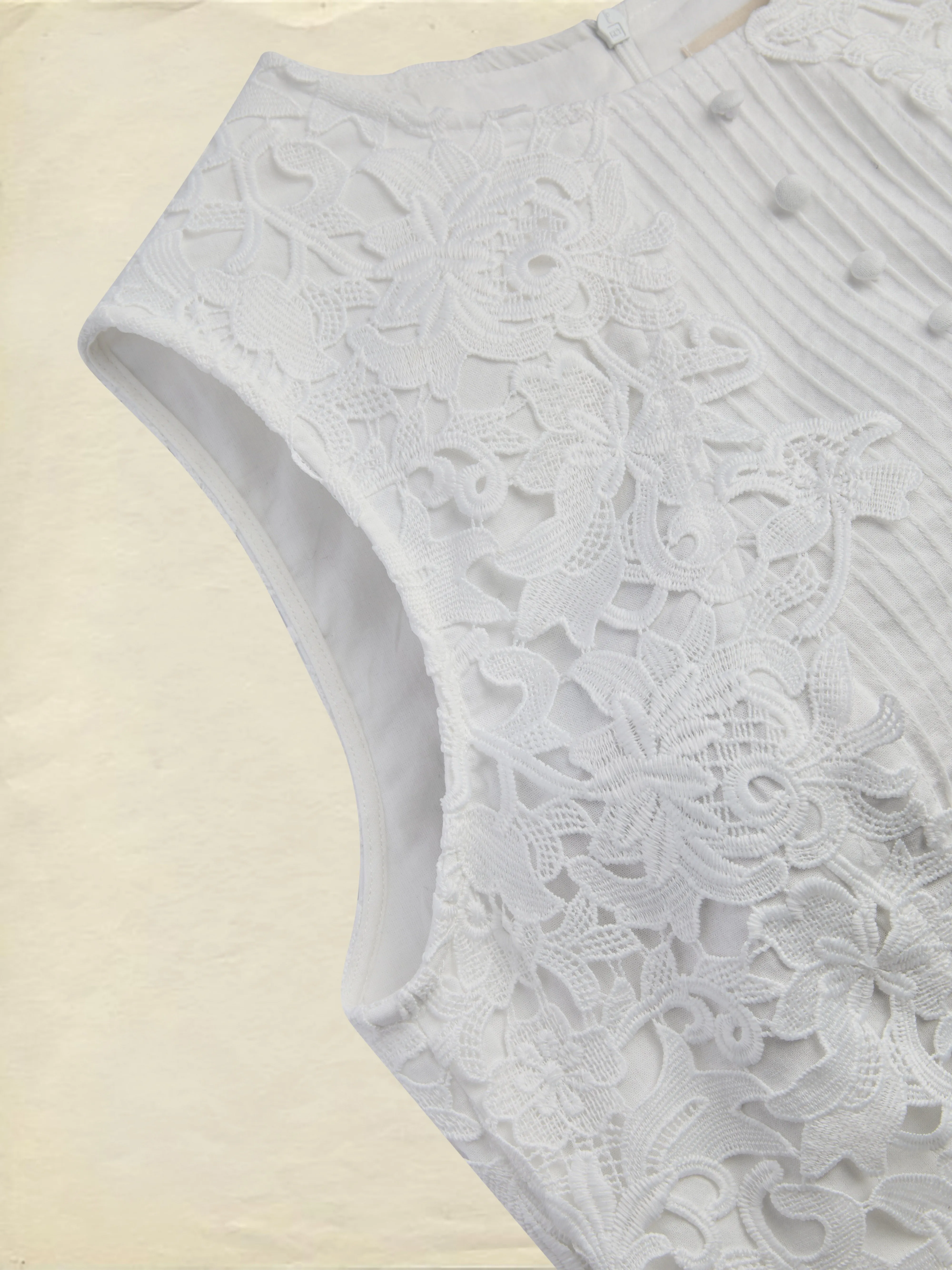 Midi Cotton Dress, Sleeveless, Round Neck, Plain, Lace, Vintage, White - White