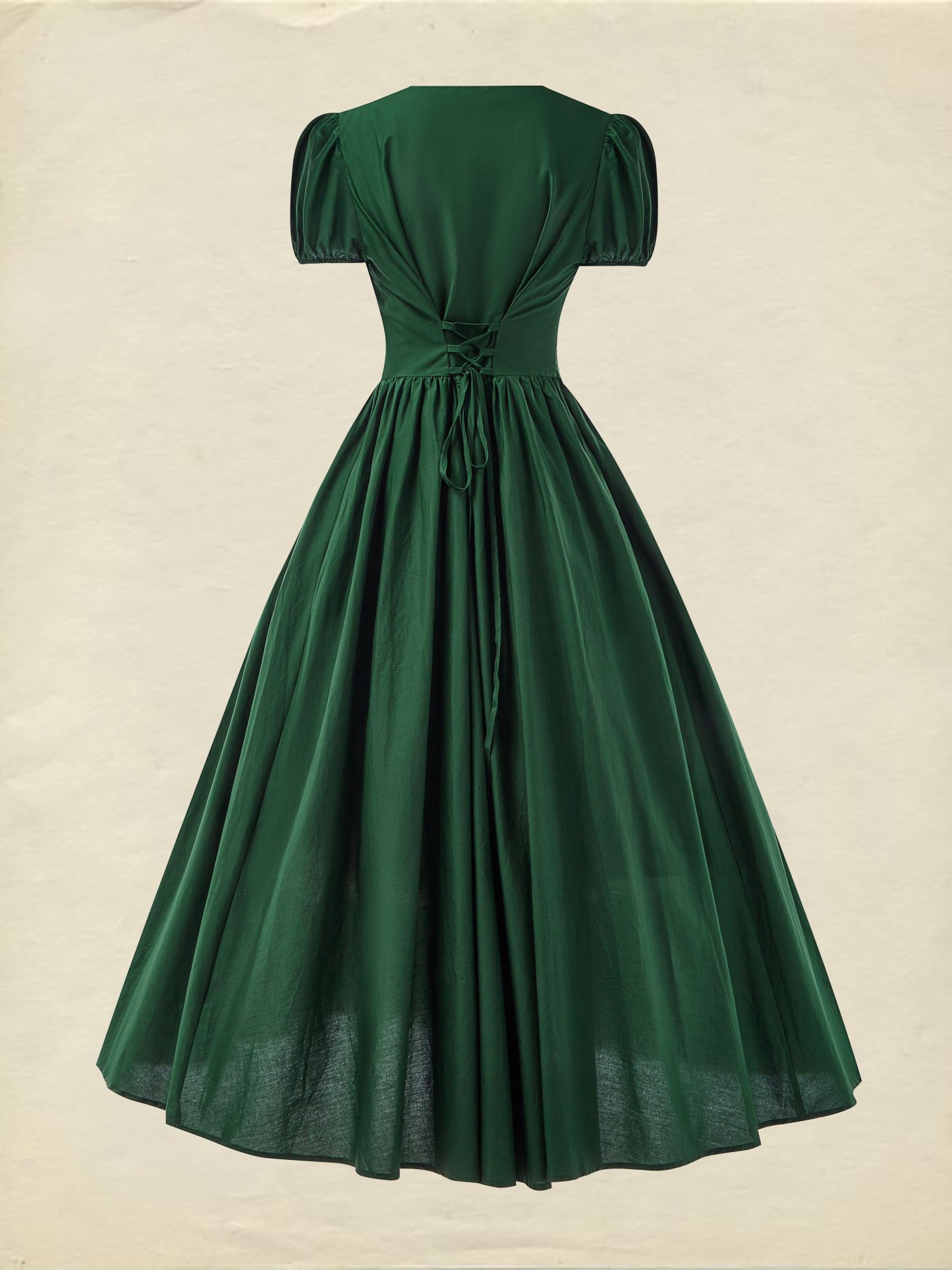 Cotton Maxi Dress, Balloon Sleeve, V neck, Plain, Vintage, Dark Green - Dark Green