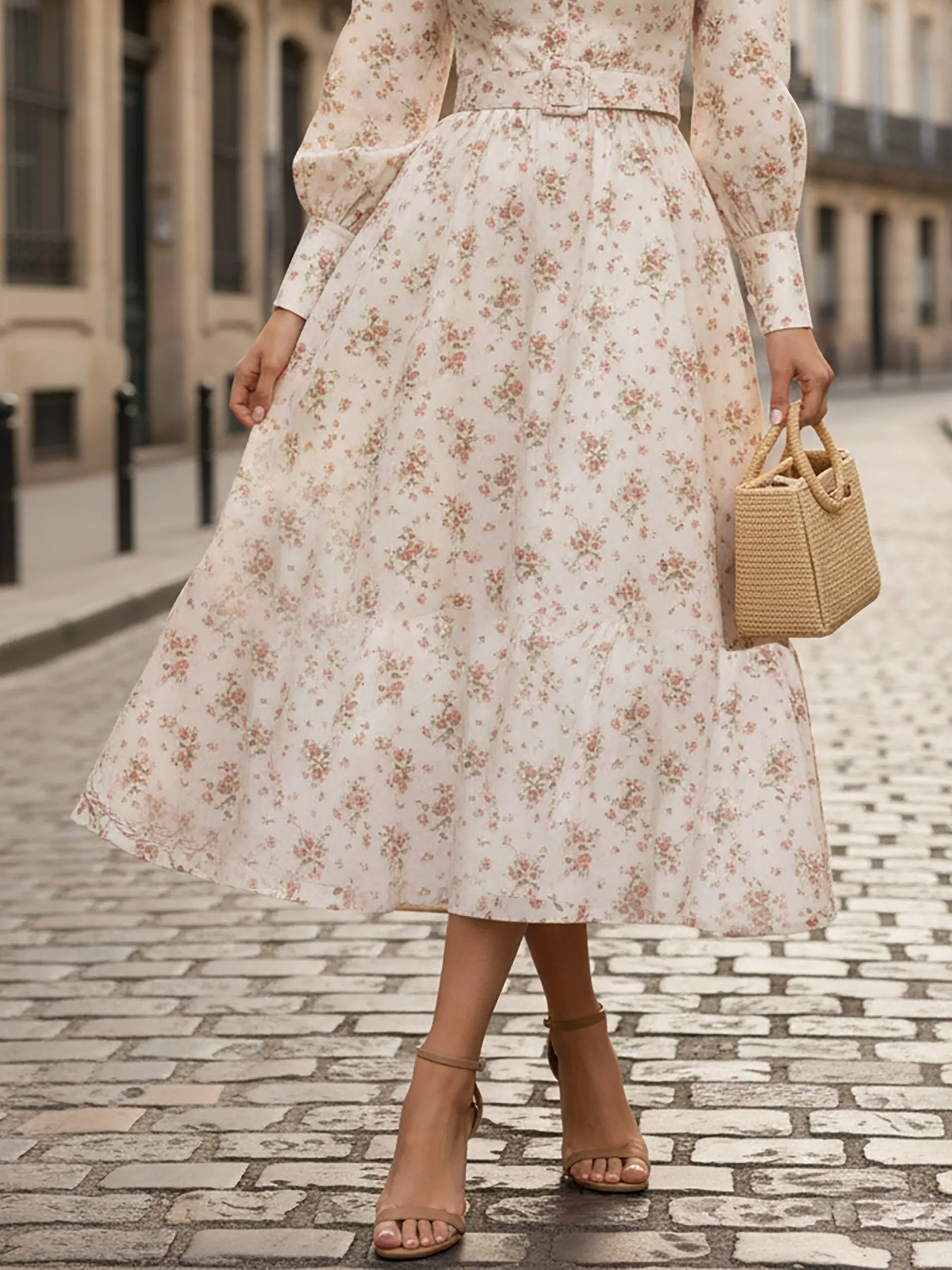 Midi Linen Dress, Long Sleeves, Stand Collar, Floral, Button Design, Vacation, Vintage, Pink - Pink