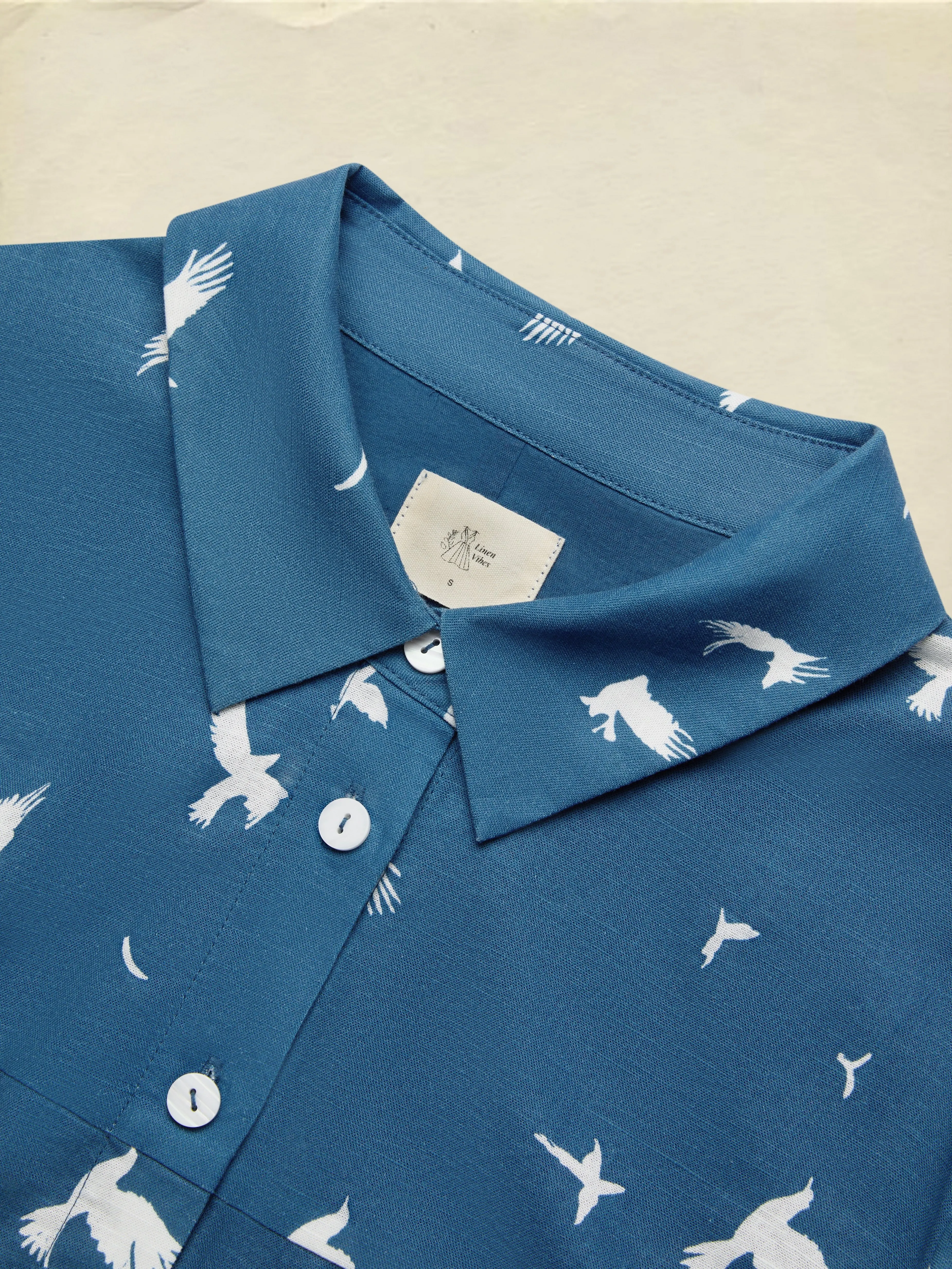 Maxi Linen Dress, Long Sleeves, Shawl Collar, Bird, Button Design, Vintage, Blue - Blue