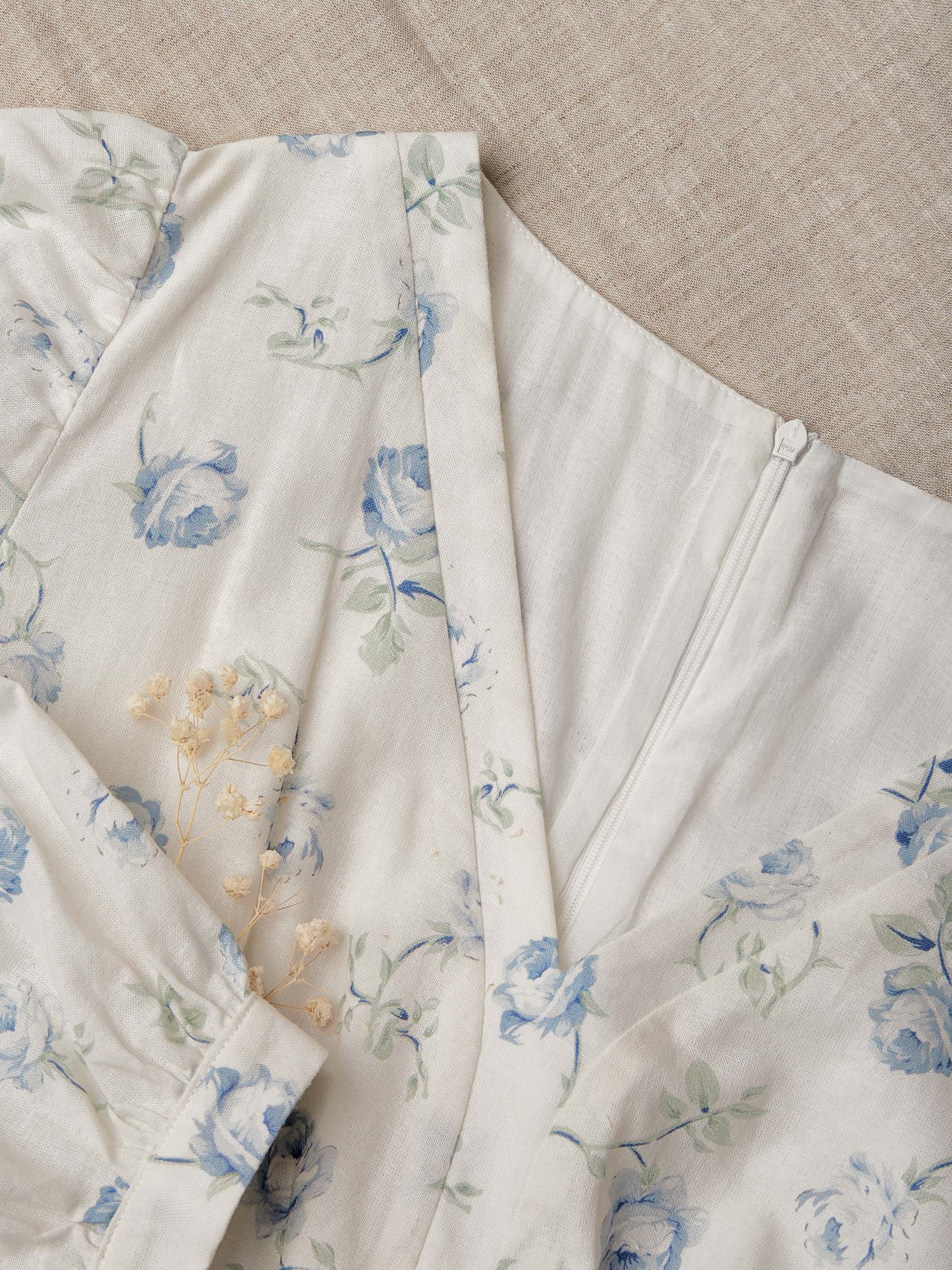 Maxi Linen Dress, 3/4 Sleeves, V Neck, Linen Blend, Blue - Blue