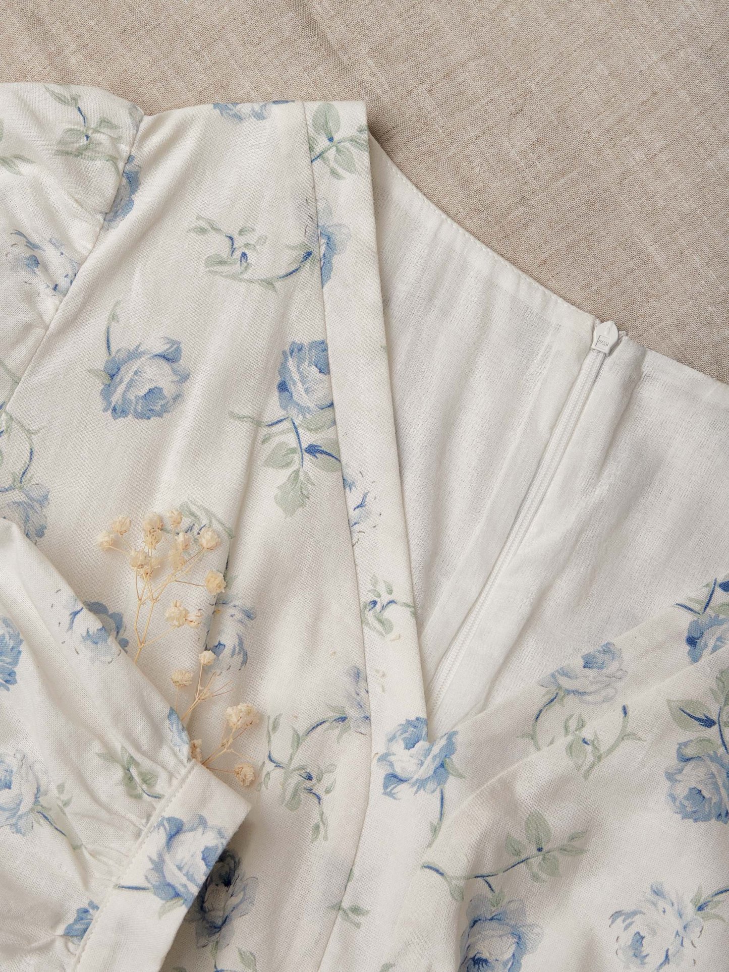 Maxi Linen Dress, 3/4 Sleeves, V Neck, Linen Blend, Blue - Blue