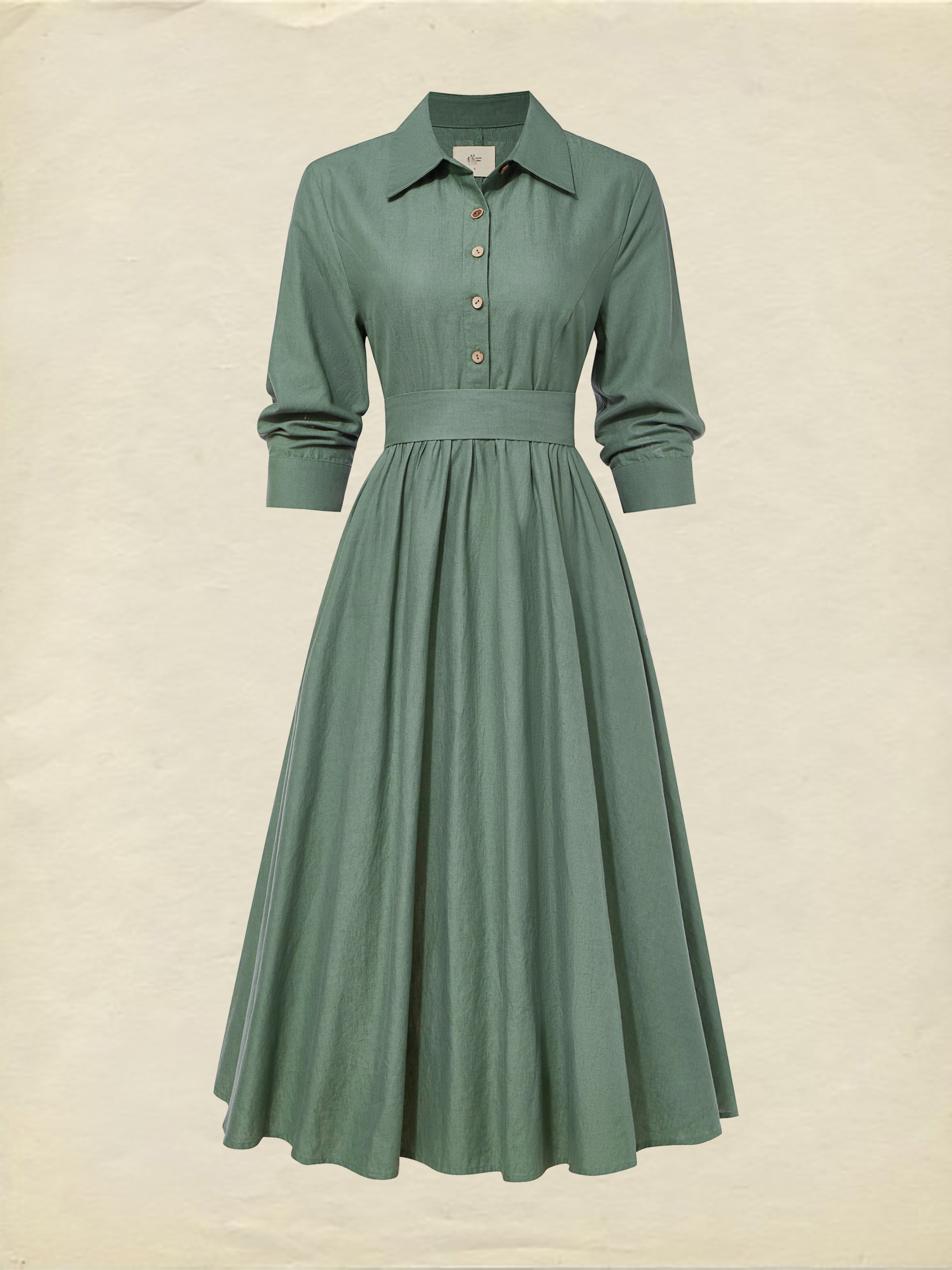 Midi Linen Dress, Half Sleeve,  Linen Blend, Plain, Renaissance, Green - Green