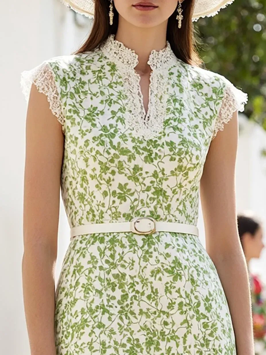 Midi Linen Dress , Cap Sleeves, V Neck, Floral, Lace, French Vintage, Green - Aqua