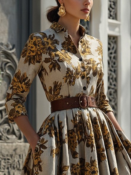 Midi Cotton Dress, Half Sleeve, Shawl Collar, Floral, Button Design, Vintage, Gray-brown - Gray-brown