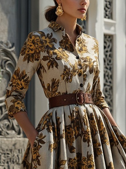 Midi Cotton Dress, Half Sleeve, Shawl Collar, Floral, Button Design, Vintage, Gray-brown - Gray-brown