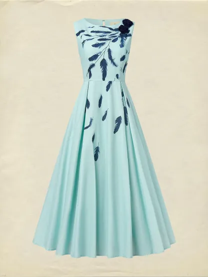 Maxi Linen Dress , Sleeveless, Round Neck, Feather Pattern, Pocket Design, Vintage, Sky Blue - Sky Blue
