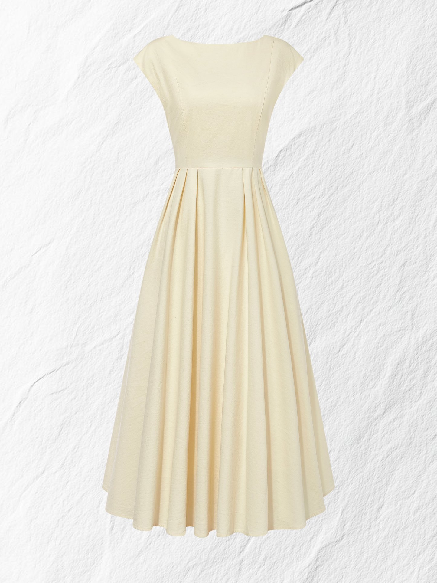 Linen Midi Dress, Cap Sleeve, Boat Neck, Plain, Vintage, Off White - Off White