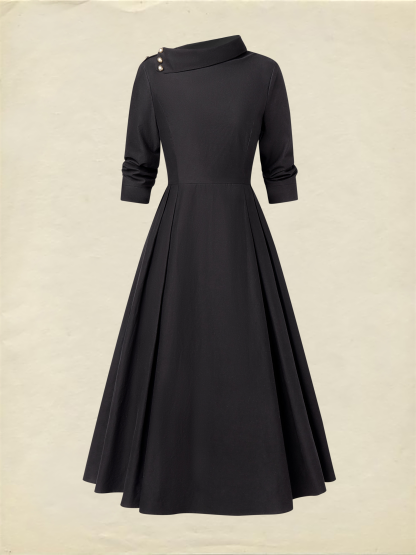 Midi Cotton Dress, Half Sleeve, Shawl Collar, Plain, Pocket Design, Vintage, Black - Black