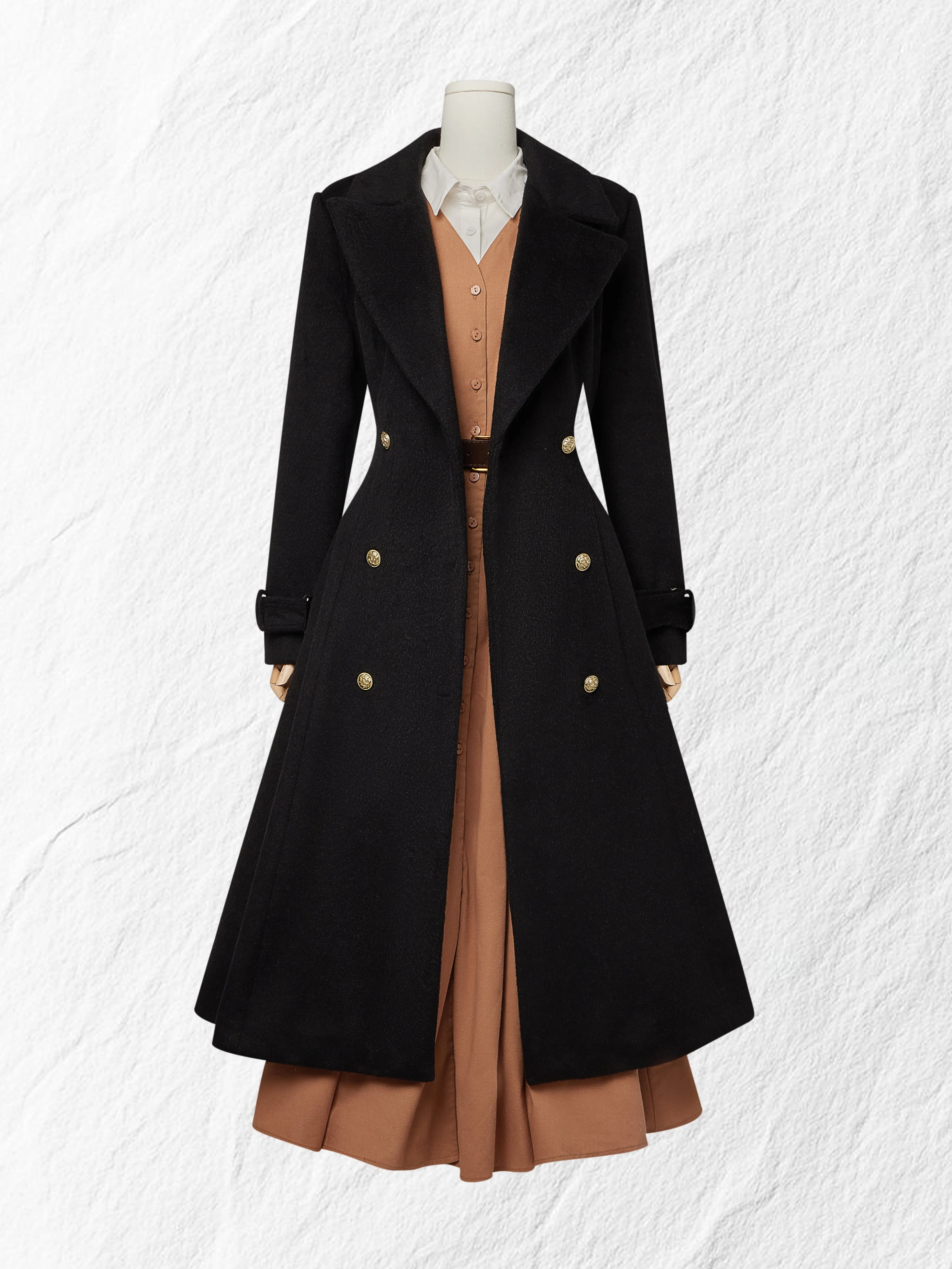Maxi Linen Dress Set & Shirt, Long Sleeves, Shawl Collar, Plain, Button Design, French Vintage, Light Brown - Light Brown