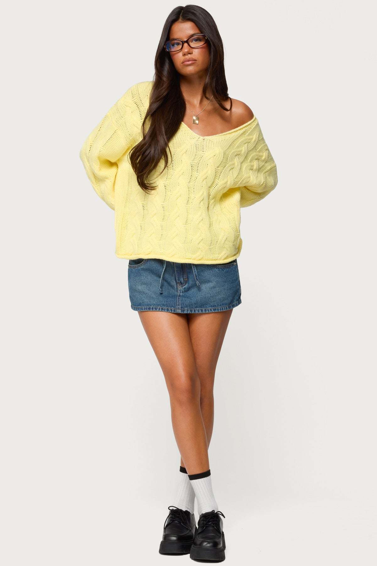 Inga Oversized Cable Knit Sweater - YELLOW