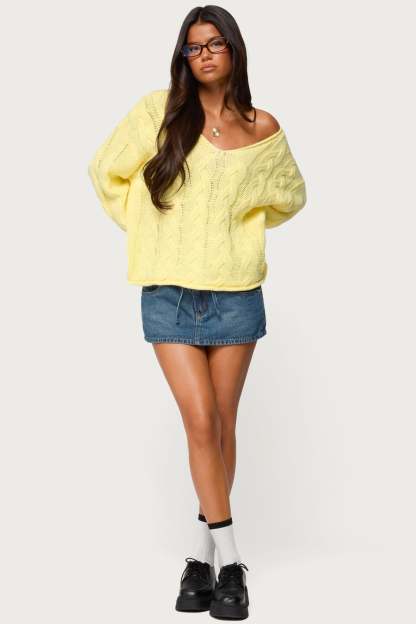 Inga Oversized Cable Knit Sweater - YELLOW