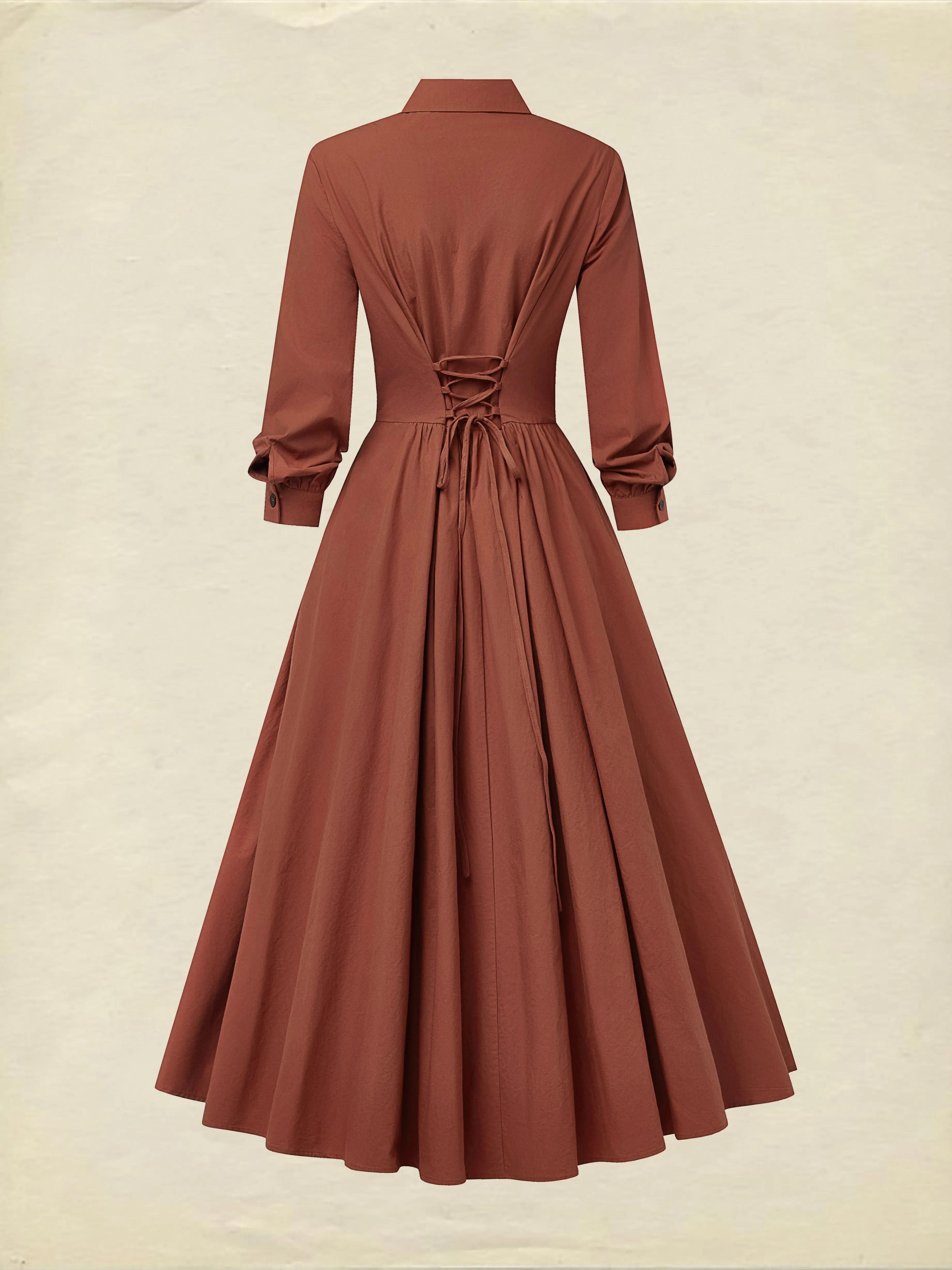 Maxi Cotton Dress, Long Sleeves, Shawl Collar, Plain, Button Design, Vintage, Brick Red - Brick Red