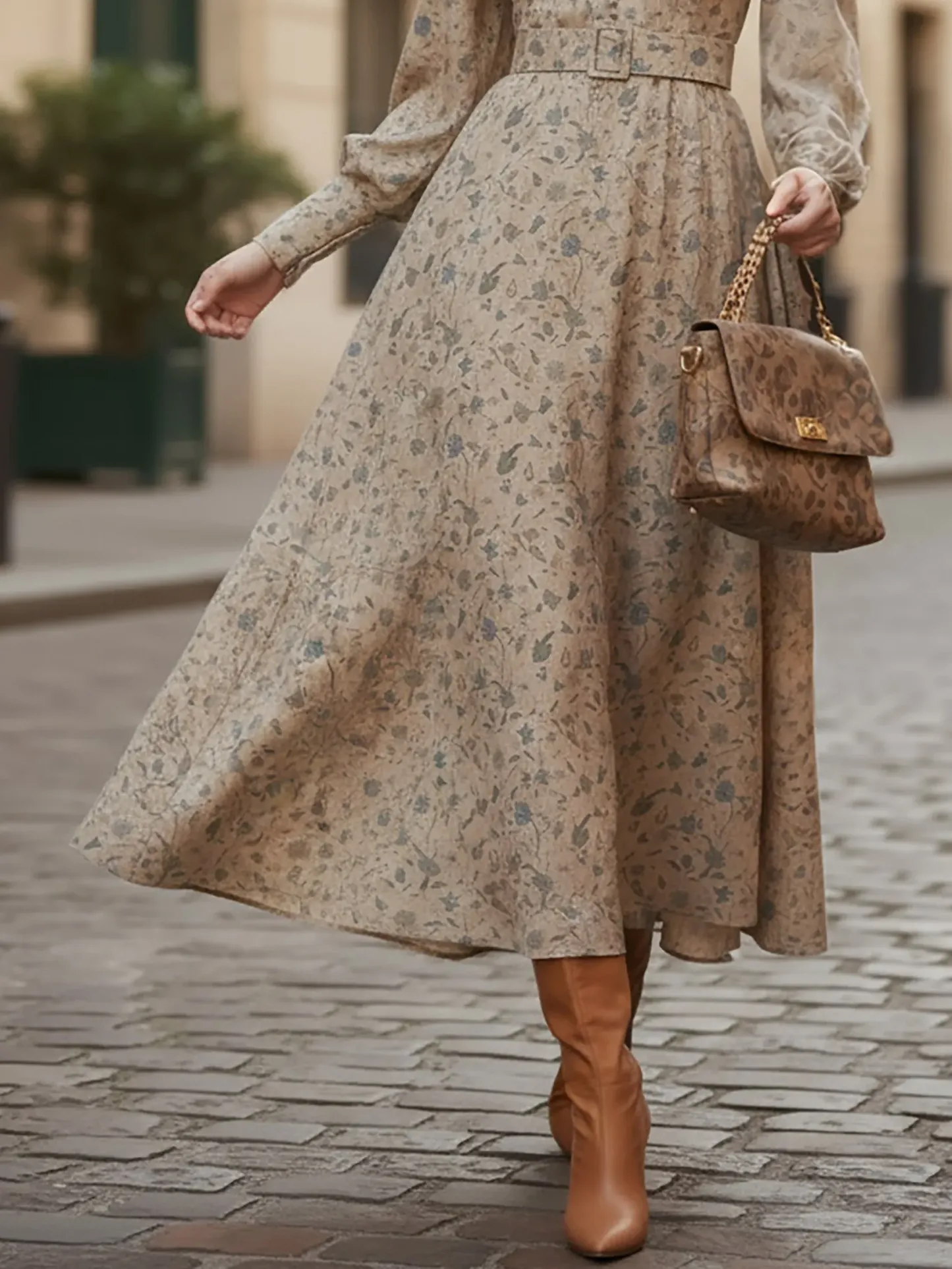Midi Linen Dress, Long Sleeves, V Neck, Floral, Belt Design, Vintage, Khaki - Khaki