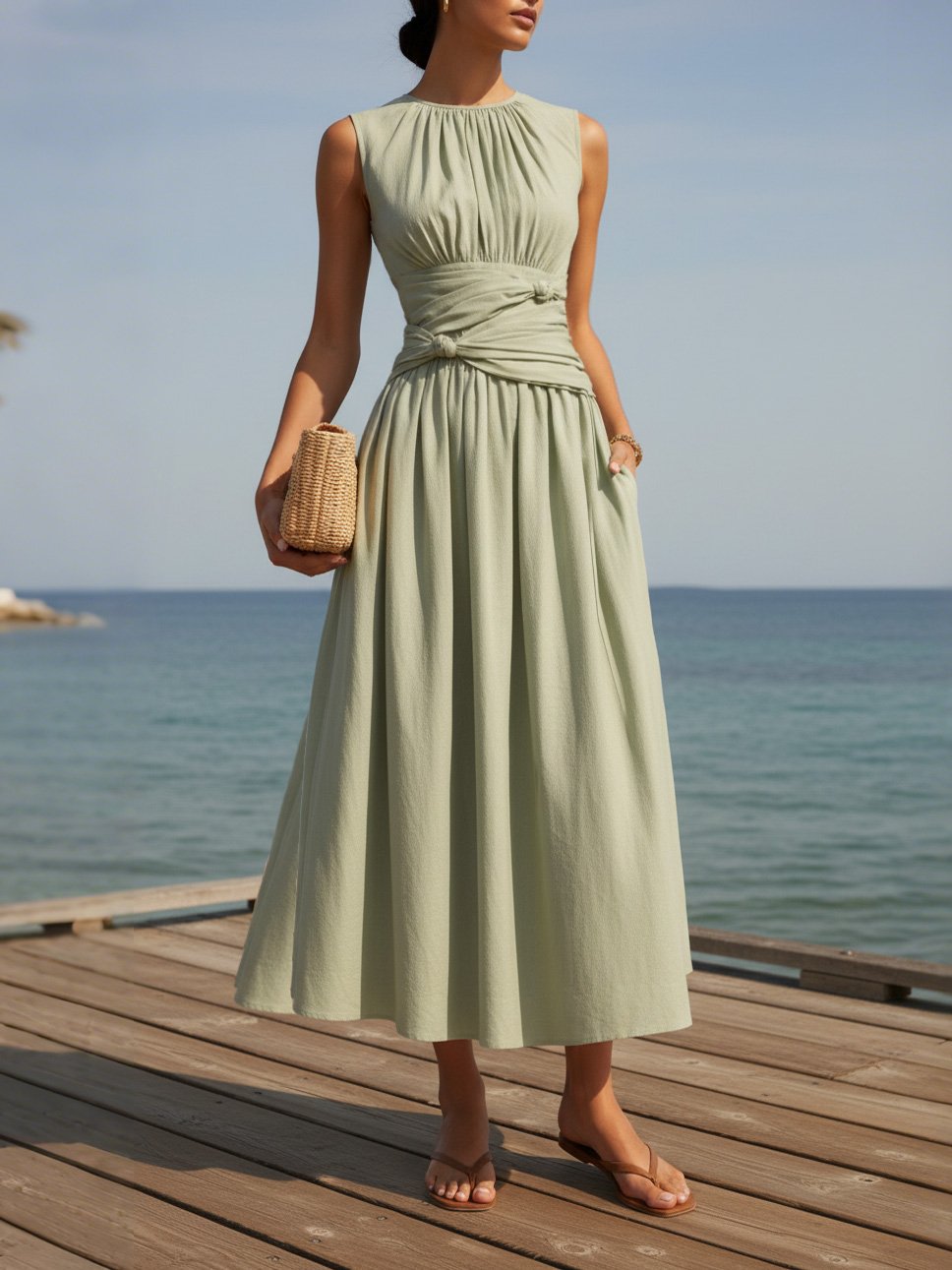 Maxi Linen Dress, Sleeveless, Round Neck, Plain, French Vintage, Green - Green