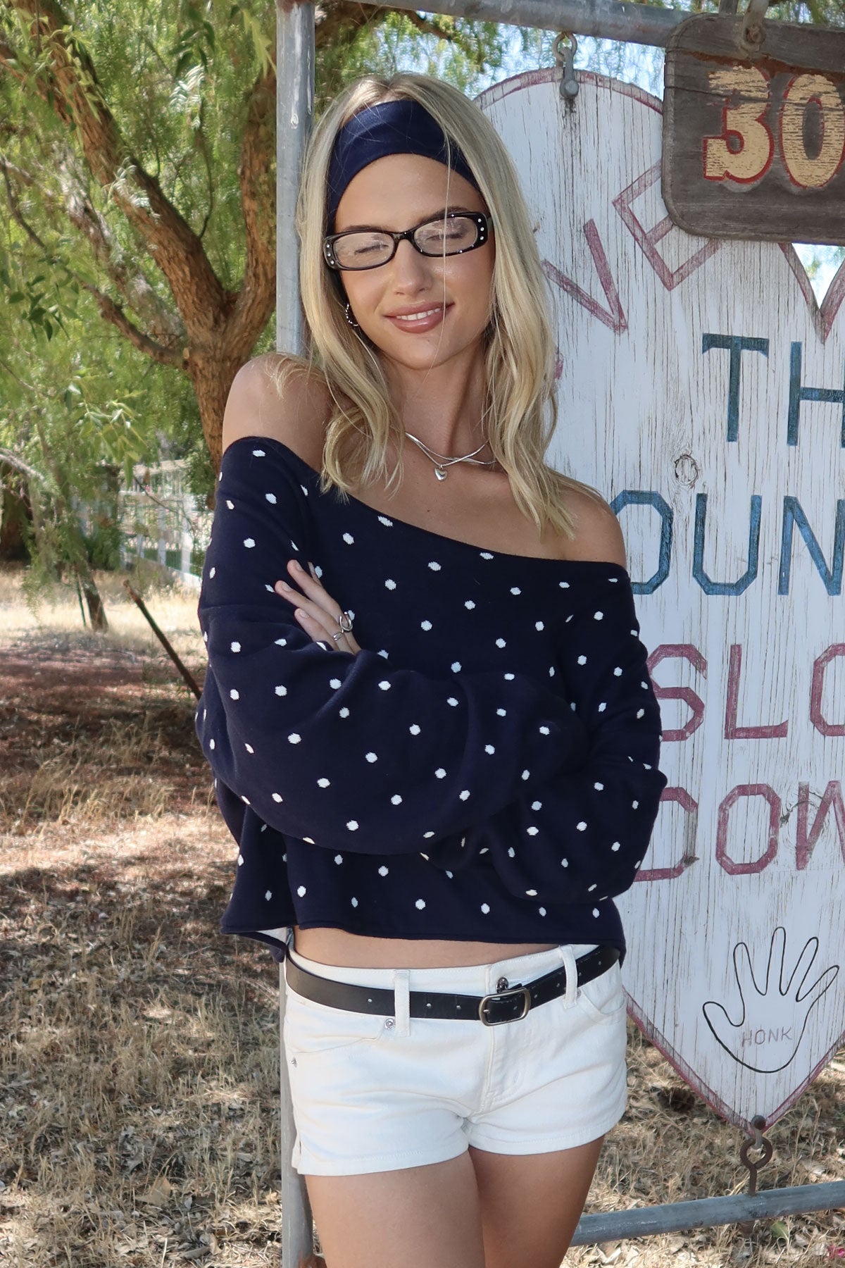 Oversized Off Shoulder Polka Dot Sweater - NAVY