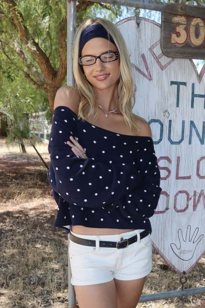 Oversized Off Shoulder Polka Dot Sweater - NAVY