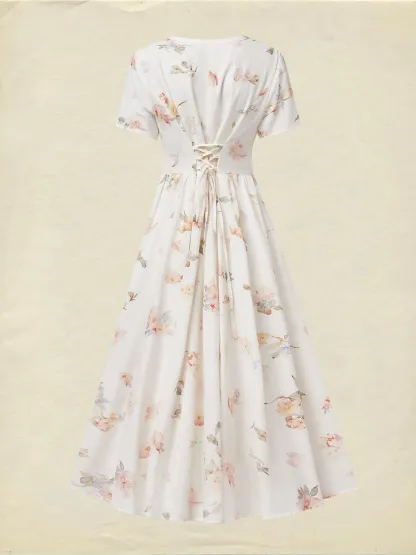 Midi Linen Dress, Short Sleeves, V Neck, Floral, Vintage, White - White