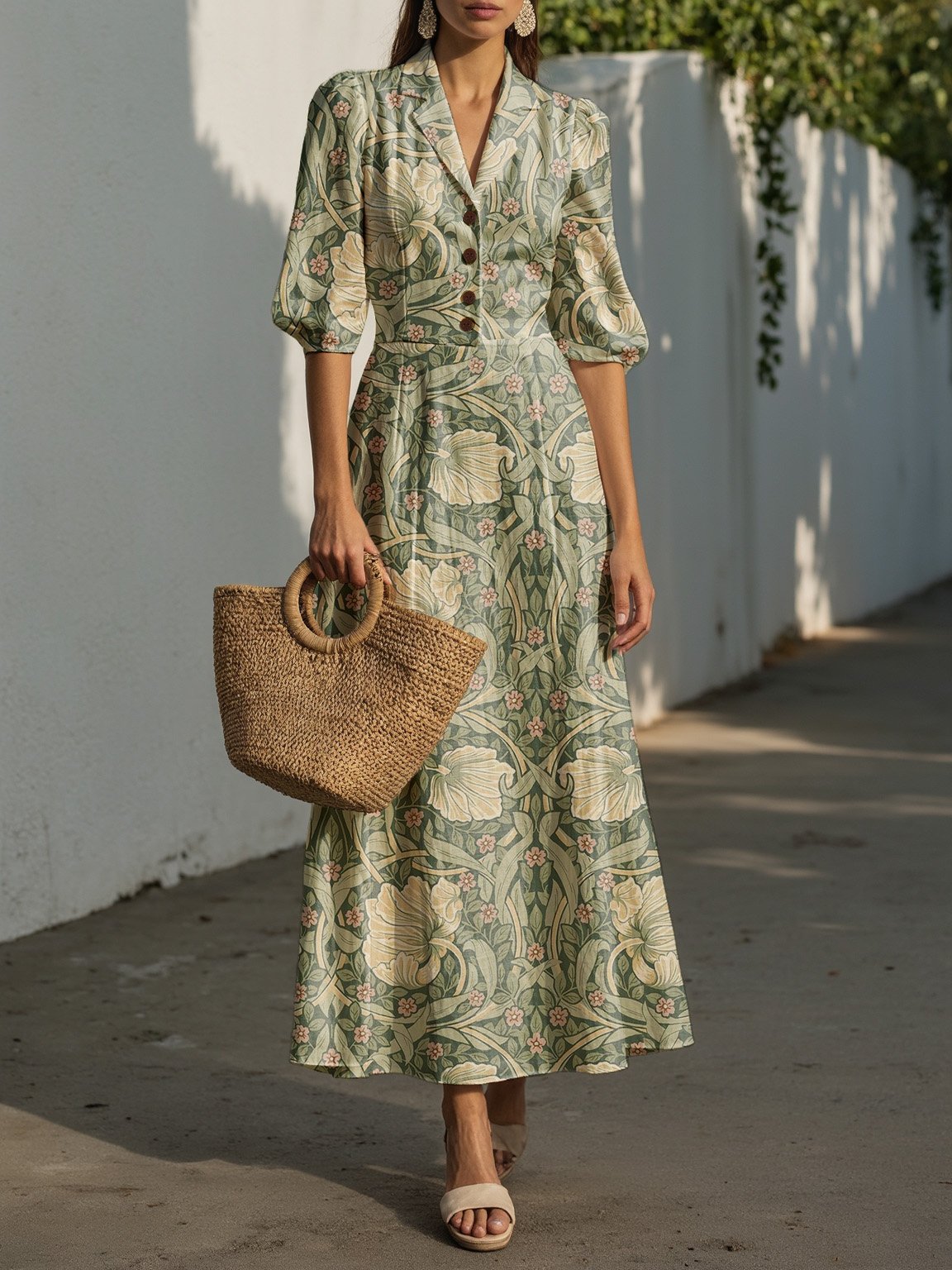 Maxi Linen Dress, Half Sleeve, Lapel Collar, Paisley, Button Design, Vacation, Vintage, Green - Green