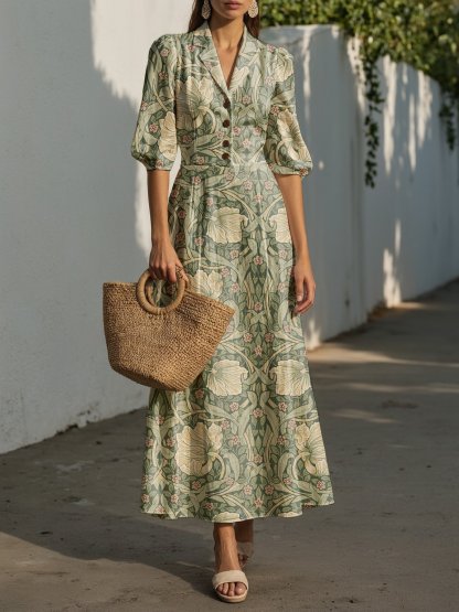 Maxi Linen Dress, Half Sleeve, Lapel Collar, Paisley, Button Design, Vacation, Vintage, Green - Green