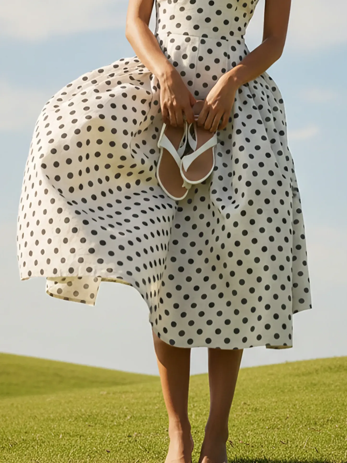 Midi Linen Dress, Sleeveless, V Neck, Polka Dots, French Vintage, White - White