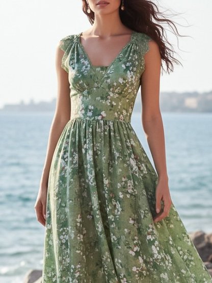 Maxi Linen Dress, Sleeveless, V Neck, Floral, Lace, Vacation, Vintage, Green - Green