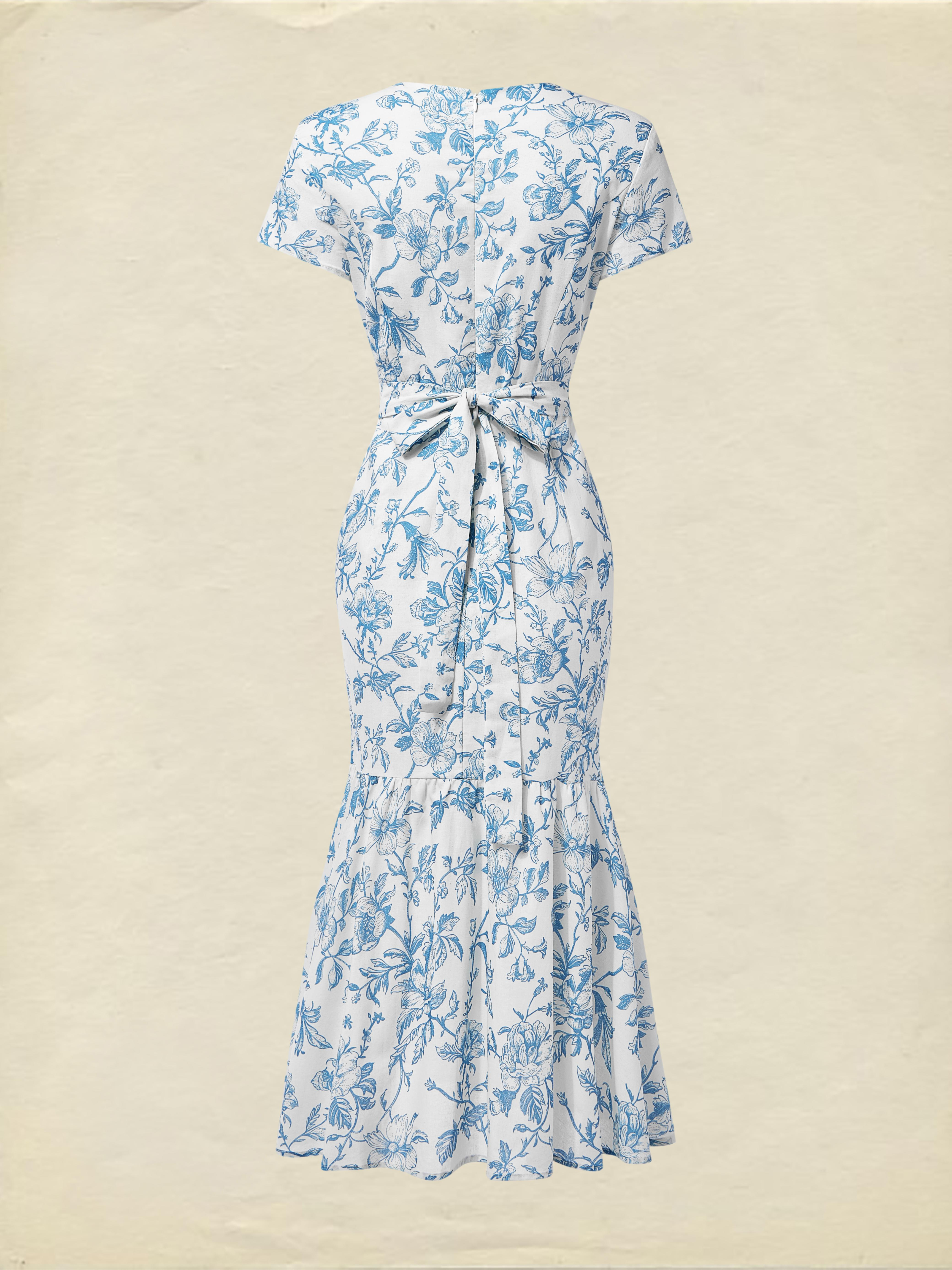 Midi Linen Dress, Short Sleeves, Sweetheart Neck, Floral, Ruffles, Vintage, Blue - Blue