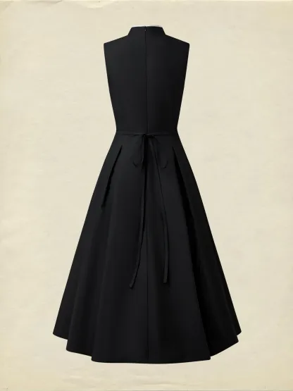 Midi Cotton Dress, Sleeveless, Plain, French Vintage, Black - Black