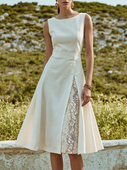 Midi Linen Dress , Sleeveless, Round Neck, Plain, Lace, French Vintage, White - White