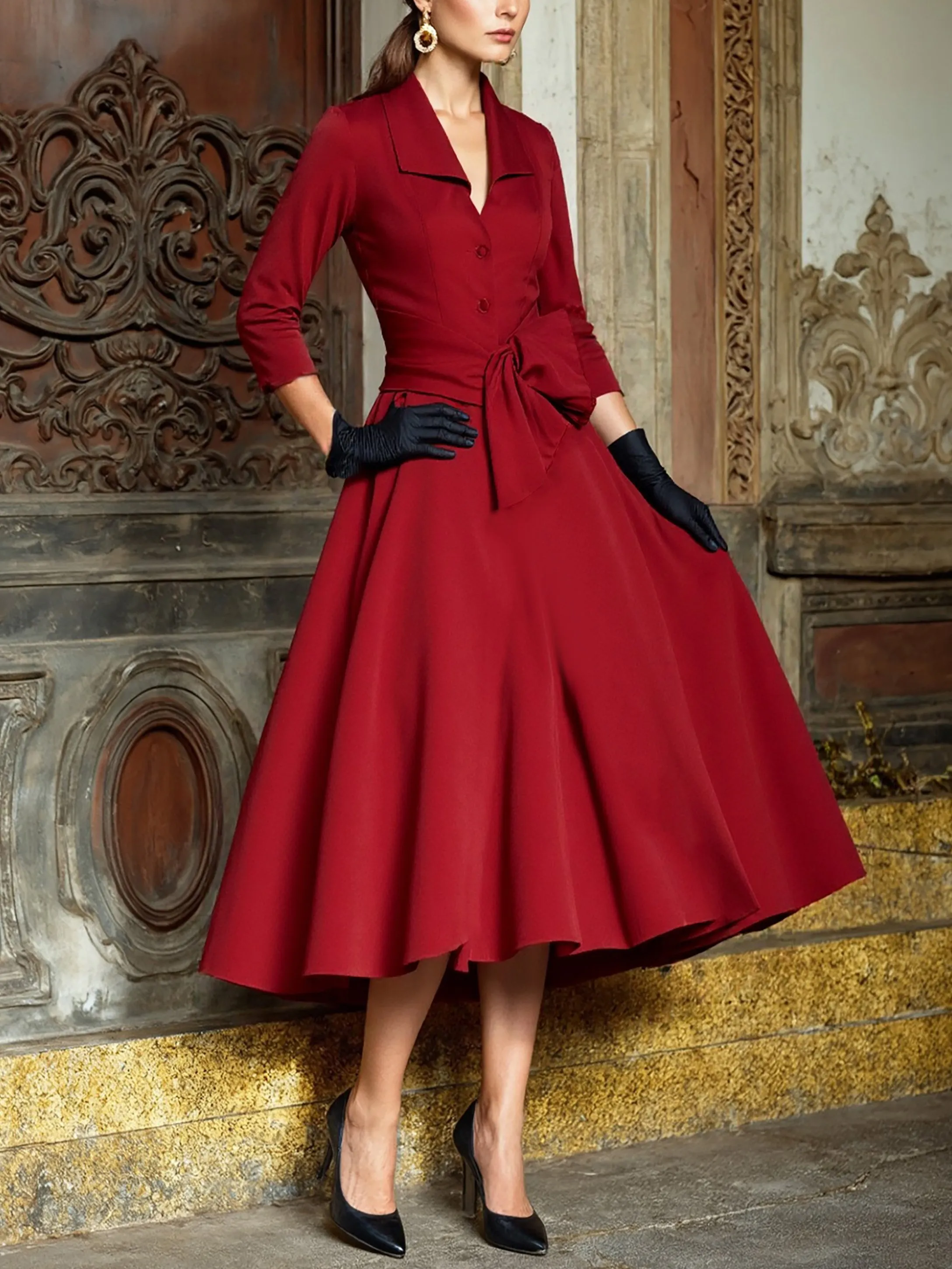 Midi Linen Dress, Half Sleeve, Shawl Collar, Plain, Button Design, French Vintage, Red - Red
