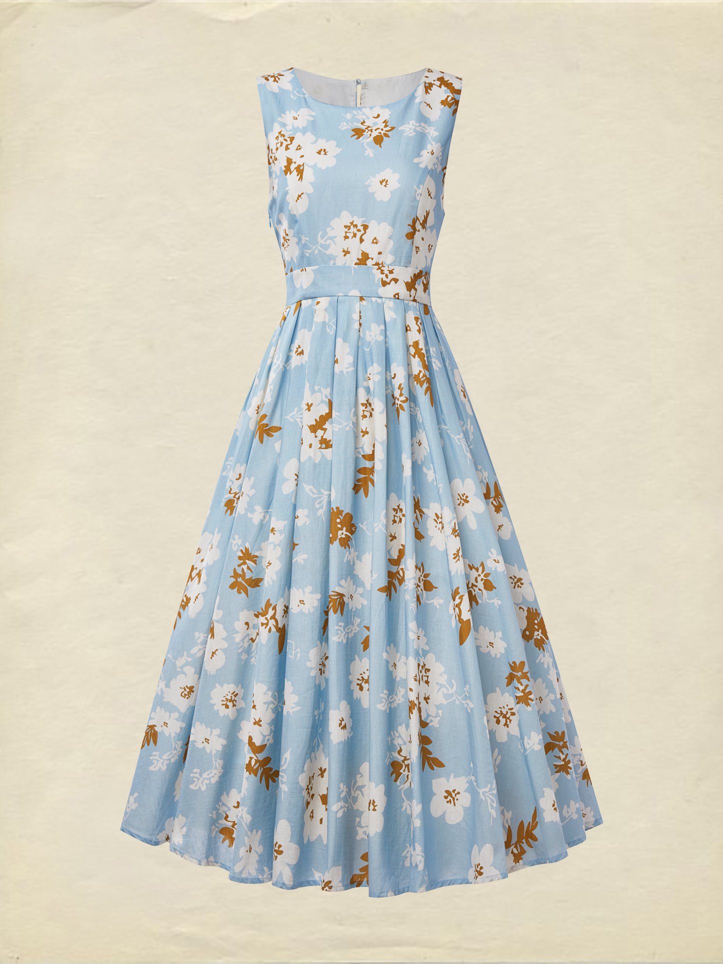 (SIZE:XS-XXL) Midi Linen Dress, Sleeveless, Round Neck, Floral, Pocket Design, Vintage, Blue - Blue