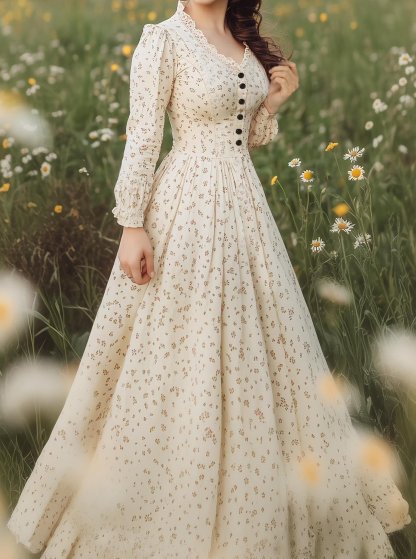 Linen Maxi Dress, Long Sleeves, V Neck, Botton Down, Floral, Apricot - Apricot