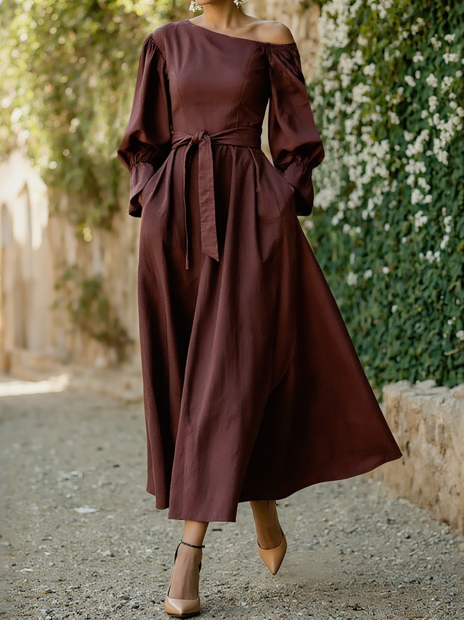 Midi Cotton Dress, Long Sleeves, One Shoulder, Plain, Belt Design, French Vintage, CAMEO BROWN - CAMEO BROWN