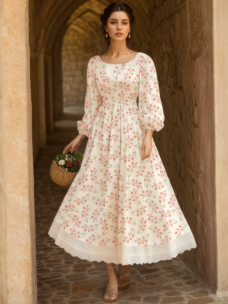 Cotton And Linen Floral Regular Fit Long Sleeve Elegant Dress, Pink - Pink