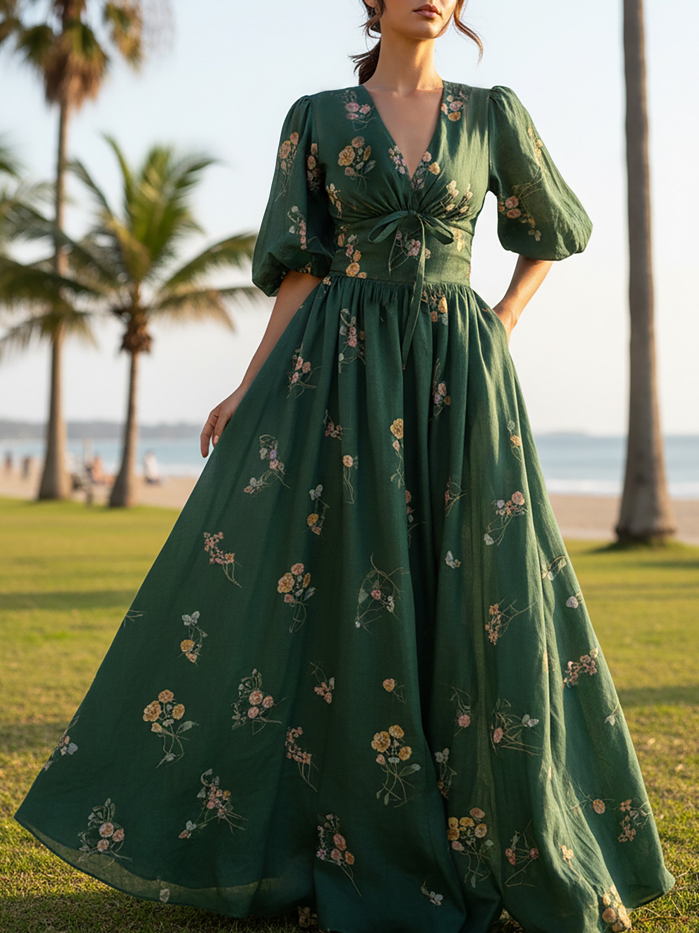 Maxi Linen Dress, Half Sleeve, V Neck, Floral, Bow, Vintage, Green - Green