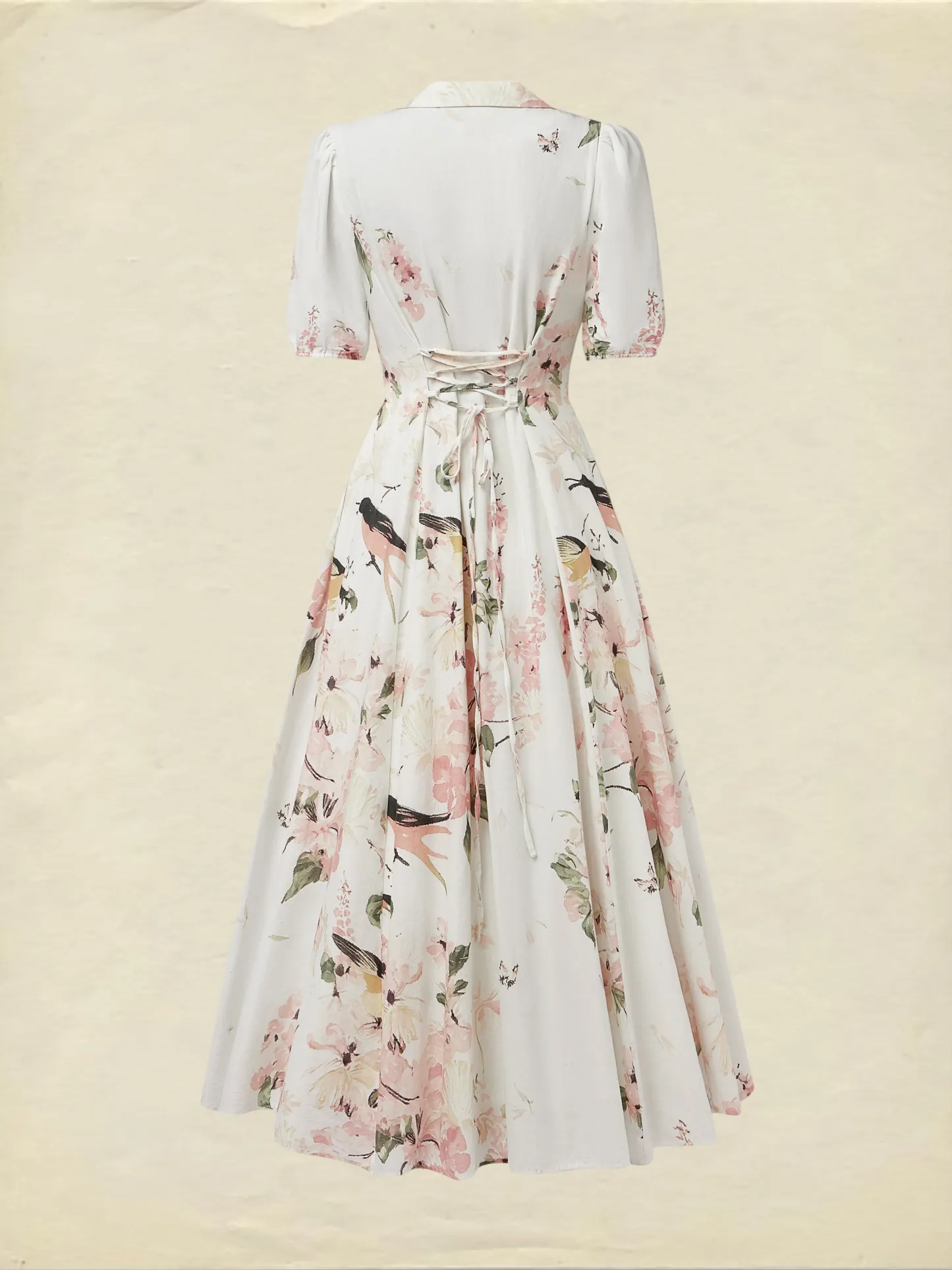 Linen Maxi Dress, Balloon Sleeve, Shawl Collar, Floral, Vintage, White - White