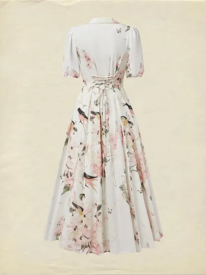 Linen Maxi Dress, Balloon Sleeve, Shawl Collar, Floral, Vintage, White - White
