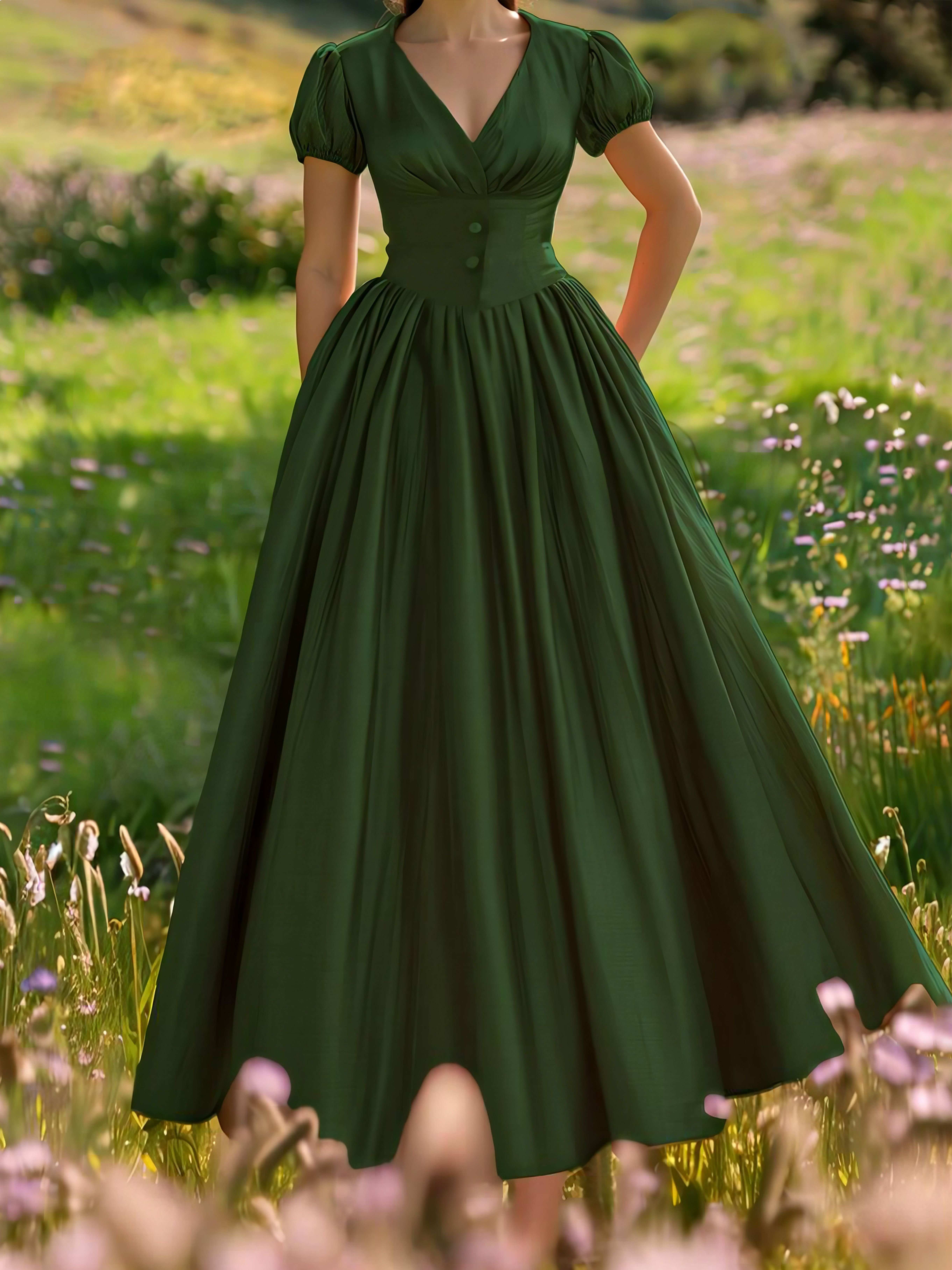 Cotton Maxi Dress, Balloon Sleeve, V neck, Plain, Vintage, Dark Green - Dark Green