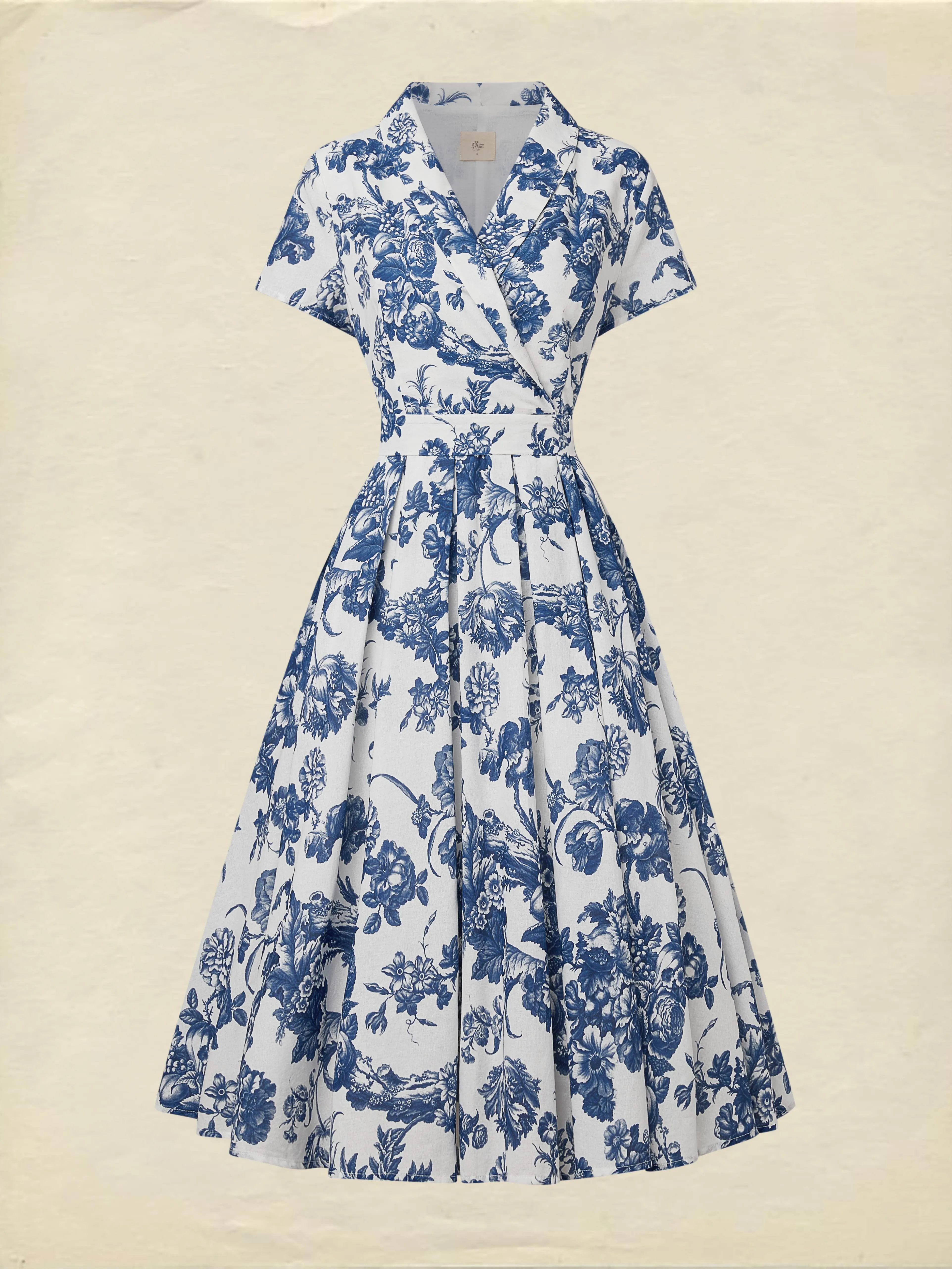 Midi Linen Dress , Short Sleeves, Shawl Collar, Floral, Vacation, Vintage, Blue - Blue
