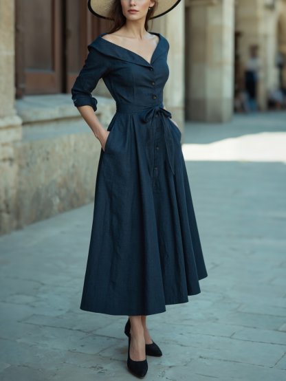 Midi Cotton Dress, Half Sleeve, V Neck, Plain, Button Design, French Vintage, Navyblue - Navyblue