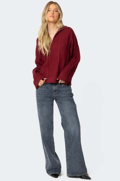 Oversized Quarter Zip Cable Knit Sweater - BURGUNDY