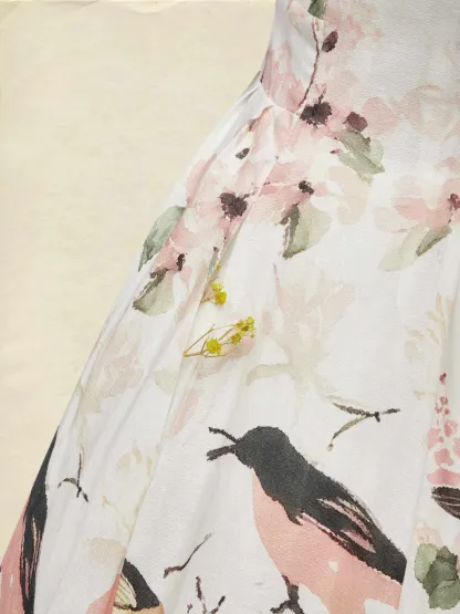 Linen Maxi Dress, Balloon Sleeve, Shawl Collar, Floral, Vintage, White - White