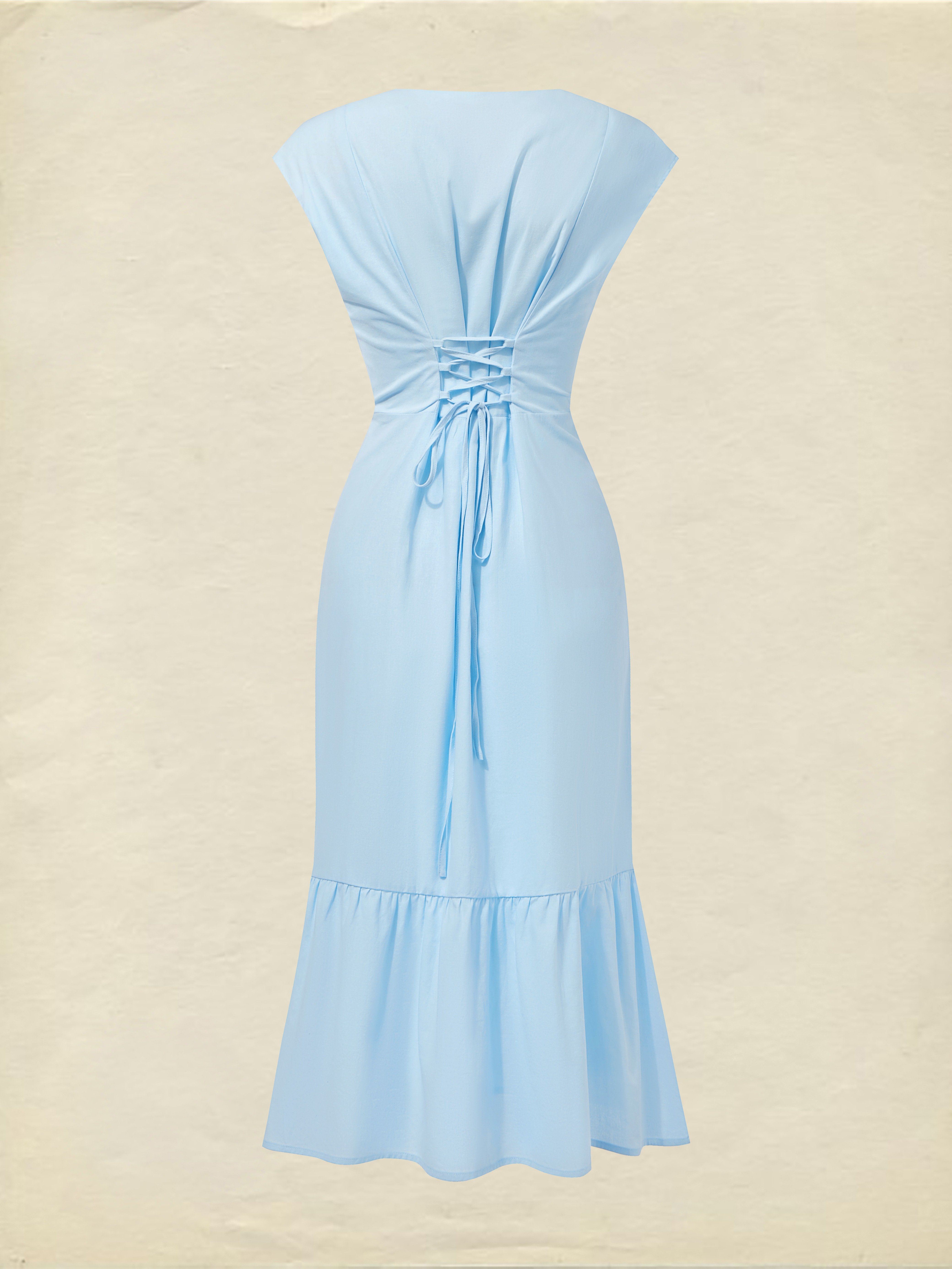 Midi Linen Dress, Crew Collar, Cap Sleeve,  Button Down, Cottagecore, Linen Blend, Blue - Blue
