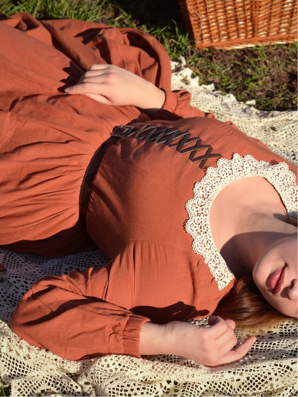 Maxi Cotton Dress, Long Sleeves, Square Neck,  Princess Line, Linen Blend, Orange - Orange