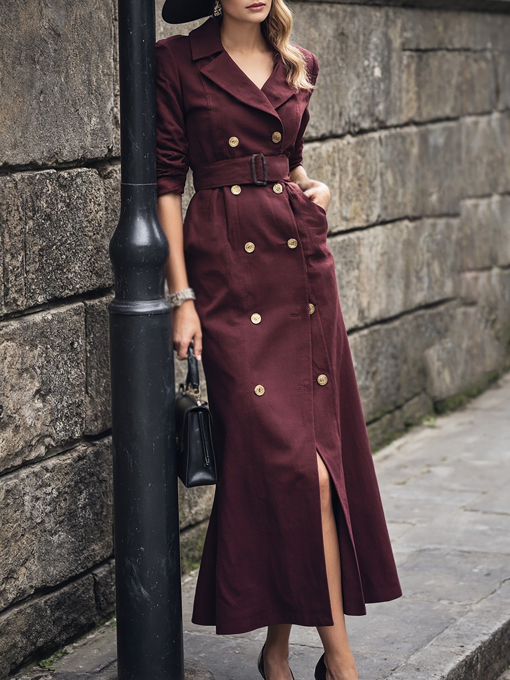 Maxi Cotton Trench Coat, Long Sleeves, Lapel Collar, Plain, Button Design, Vintage, Wine Red - Wine Red