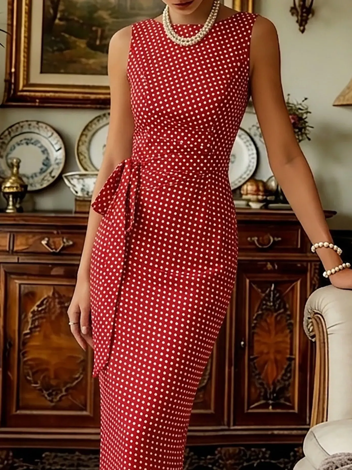 Midi Cotton Dress, Sleeveless, Round Neck, Polka Dots, Twist, French Vintage, Red - Red